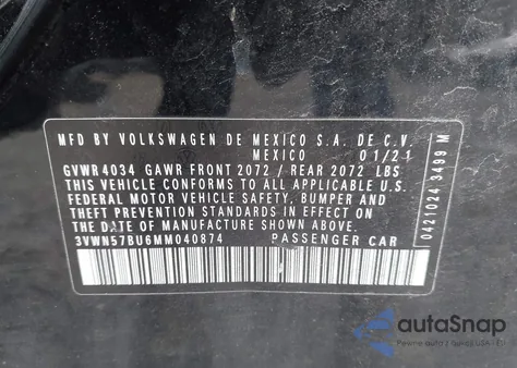 2021 Volkswagen Jetta 1.4T R-Line/1.4T S z USA, uszkodzony, nr VIN 3VWN57BU6MM040874